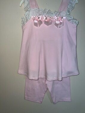 Vintage kids Pink Two Piece With White Eyelet and Pink Satin Rosset Bows.